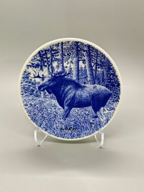 Porsgrund Norway Fauna Norvegica 5" Moose LOEN Collector Plate Blue White Signed